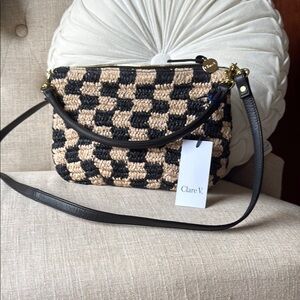 Clare V Black and Tan Checkered raffia petit Moyen